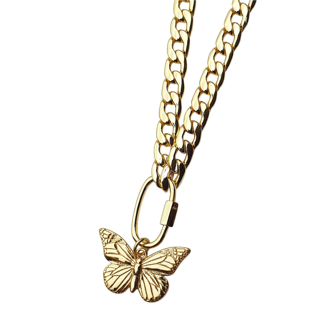 14K Gold Plated Cuban Chain with Carabiner and Butterfly Pendant