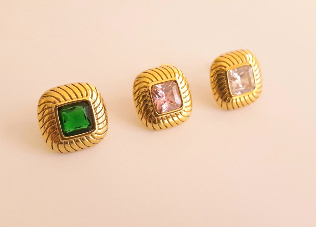 Palm Beach Art Deco Stud Earrings in Emerald, Pink or White
